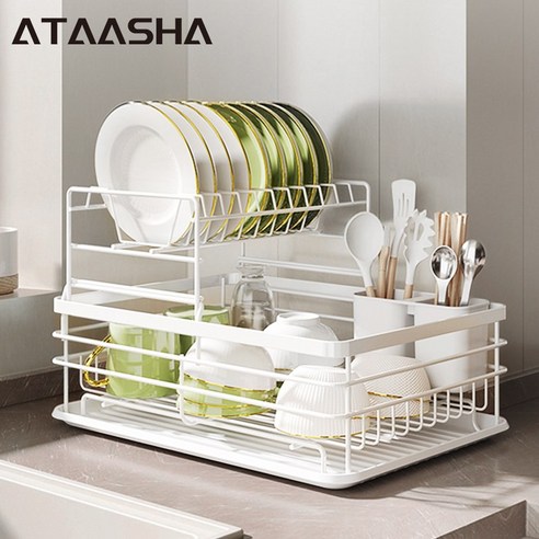Ataasha 식기건조대 2단 주방 대용량 보강 설거지건조대, 1세트, 흰색