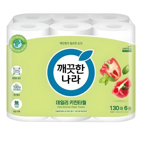 깨끗한나라 데일리 천연펄프 키친타월 130매, 6개 솔직 후기 | 실사용자 리뷰 분석 - 상품 이미지 1