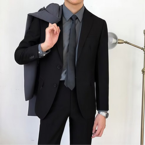 ANYOU 남자 정장코트 투버튼 자켓 슬림 핏 블랙스판 캐주얼 정장 하객룩 결혼식용 면접용