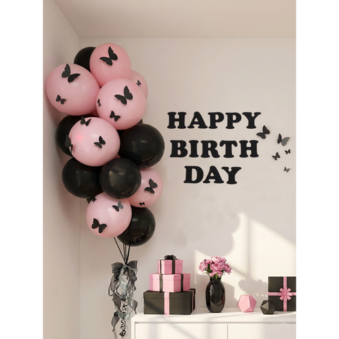 크레샤 블랙핑크 생일파티용품 헬륨효과 파티풍선세트, 1박스, 핑크나비