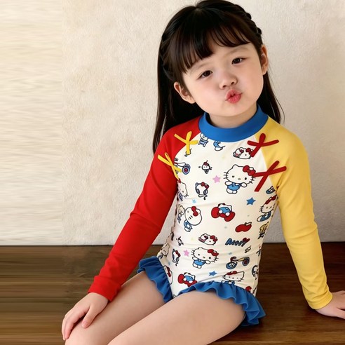 Sorpci헬로 키티 어린이 캐릭터 나염 긴팔 래쉬가드 속건 원피스 수영복
