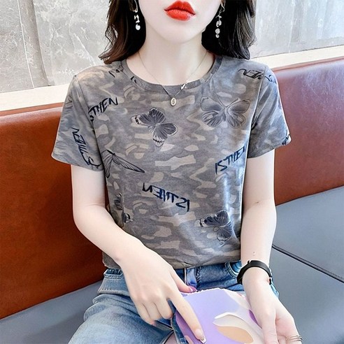 VVRR 여성 반팔 티셔츠 심플 레터 프린트 라운드 넥 반팔 Z0041023