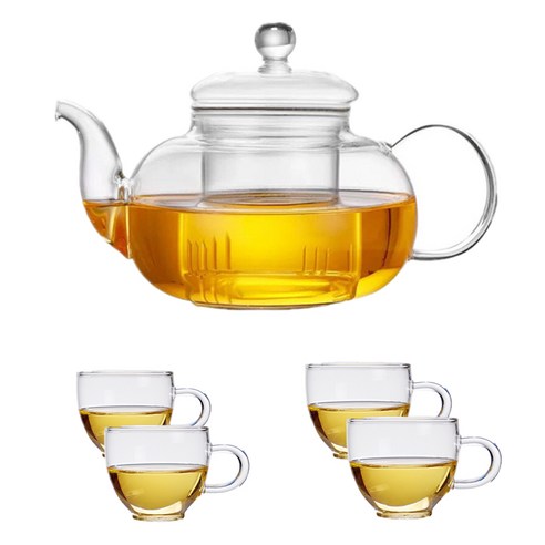 Siemzon 다기능 분해되는 차망이 있는 유리 티포트+찻잔 4개, 1세트, 투명, 600ml