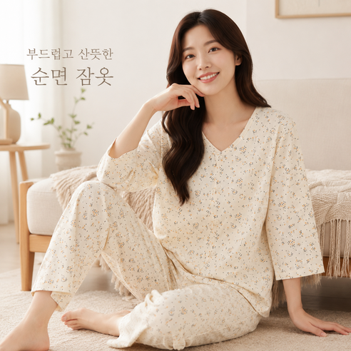 란시 부드러운 100% 코튼 플라워 칠부 여성 잠옷 세트 사계절 입는 홈웨어 실내복
