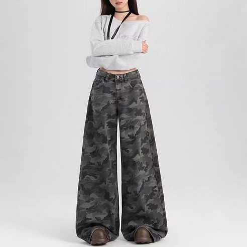 투니스 여성 루즈핏 카모플라주 와이드 데님 긴바지