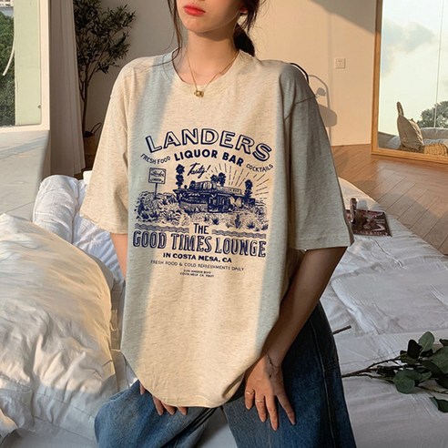 cammello 블루 타이포그래피 프린팅 반팔 티셔츠 오버핏 반팔티 면티 박스티