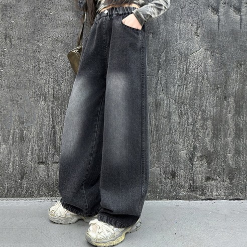 지디오 주니어 여아 워싱 와이드 데님 팬츠 밴딩 루즈핏 일자 청바지 초등 학생 하의 패션