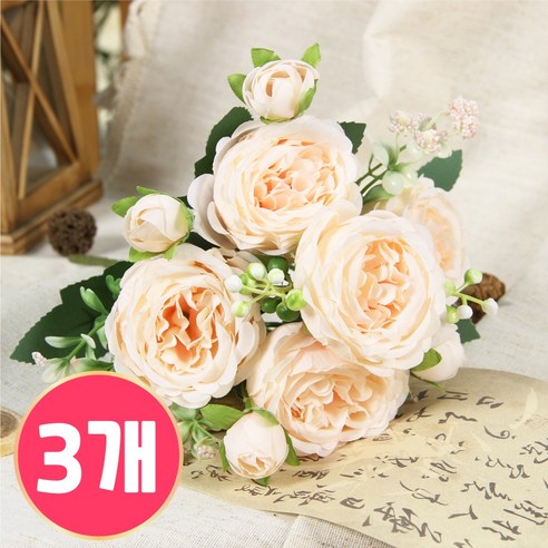 마벨인홈 로맨스 장미 조화 플라워 인테리어 꽃 장식 3P, 1개, 샴페인