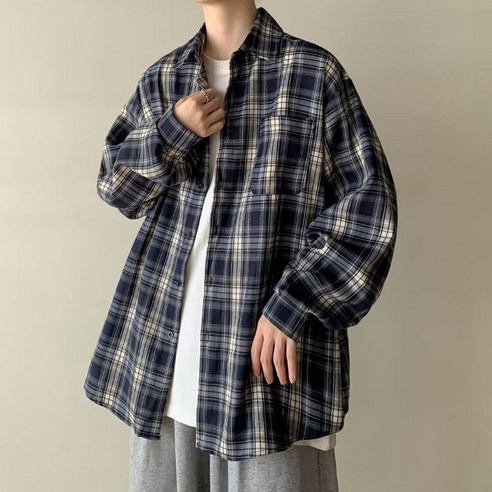 ANYOU 남자 오버핏 체크 셔츠 긴팔 남방 캐주얼 데일리룩 봄 가을