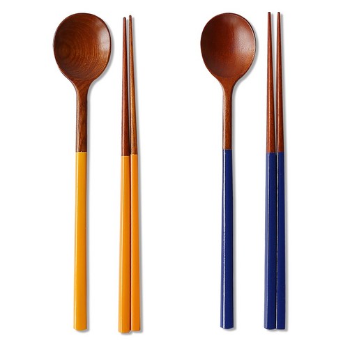 리숲 달 천연 옻칠 고급 한식 나무 수저 세트, 1세트, 수저세트, 2인H(노랑1개+블루1개)