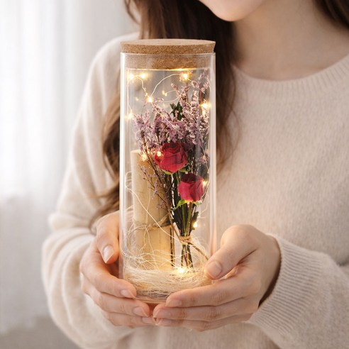 모아룸 LED 유리병 꽃다발 편지지 쇼핑백 선물세트, 1개, 빈티지 레드