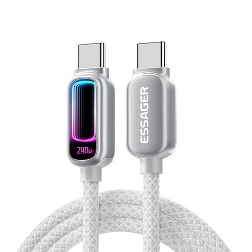 ESSAGER 디스플레이 C-C타입 240W 5A E-Marker 칩 고속 충전 케이블, 실버, 2m