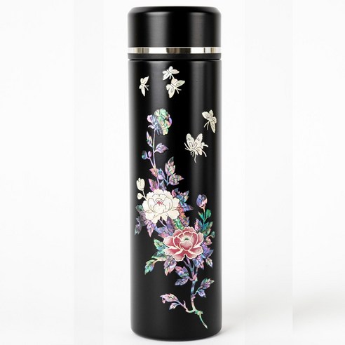 중앙공예관 천연 자개 텀블러 500ml 프리미엄 SUS 316 스테인리스 텀블러 차망포함 물 비린맛 없는 텀블러 나전칠기, 목단 흑색, 1개