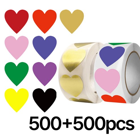 디심플 재물운 하트스티커 1000장세트, 골드(500pcs)+혼합색상(500pcs)