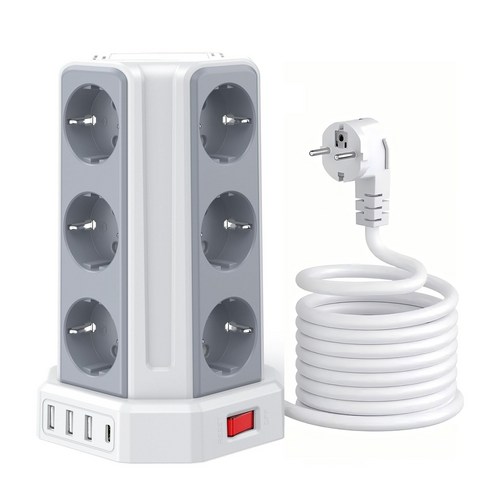 Sameriver 타워형 전원 스트립 USB 포트 4개 포함(최대 3.4A/16W 의 USB-A 3+ USB-C) 전기 소켓 12구 스위치 4개 3M 케이블 KC 인증서 취득, 1개, 하얀색