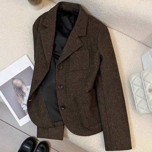 TIMEPURE 여성 정장자켓 가을겨울 브라운 캐주얼 데일리 루즈핏 고급스러운 오피스룩 트위드 크롭트 아우터