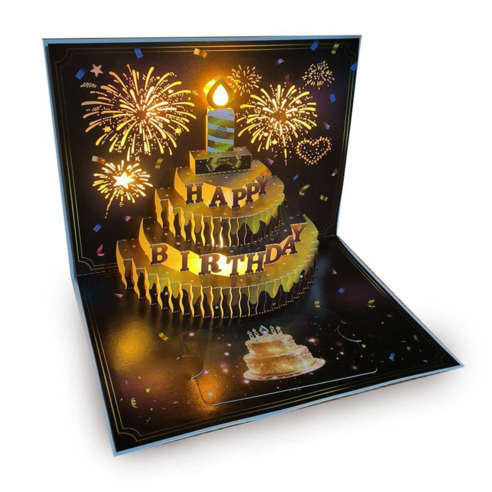 2026 LED 3D 멜로디와 초를 불면 꺼지고 폭죽 효과 팝업 생일축하 입체카드 숫자토퍼 포함, 1개, 블랙&골드