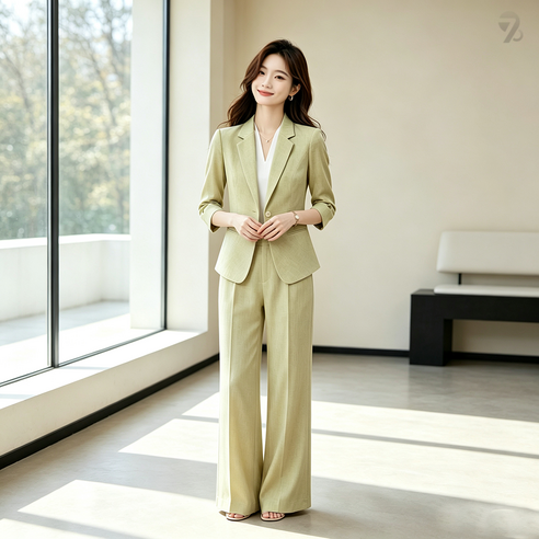 708090 여름 여성 그레이 7부팔 정장 자켓 캐주얼 와이드 팬츠 투피스 세트 - 바지 정장