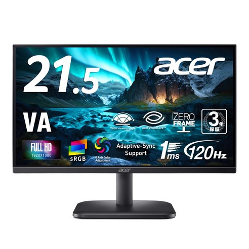 Acer 21.5 VA HD 120Hz 1ms (VRB) sRGB 99 % Adaptive-Sync HDMI 1.4 D-Sub 15 6 3 1 EK22 인치 풀 비, 21.5인치