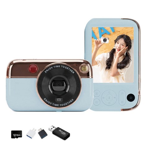 MOKiN 6400W 초고화질 레트로 미니 디지털 카메라 셀카 동영상 촬영용+ 64G sd카드 + 리더기 Y08 세트, 라이트블루