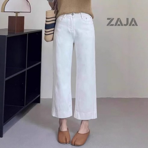 ZAJA 여성 화이트 데님 팬츠 일자핏 하이웨스트 9부 청바지