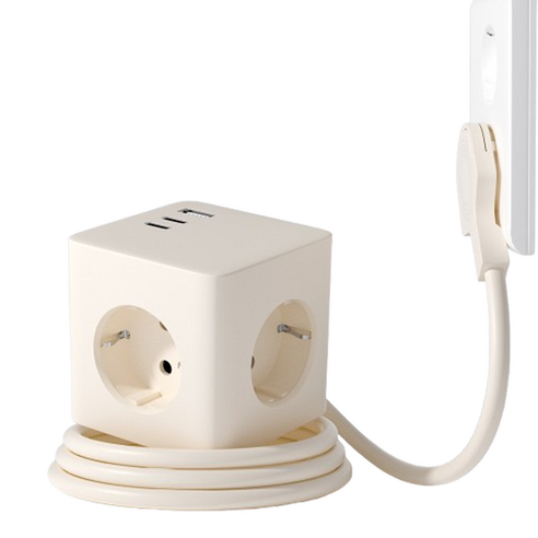 바우토 납작 큐브 고용량 멀티탭 콘센트 3구 usb 4000W, 1개, 아이보리, 1m