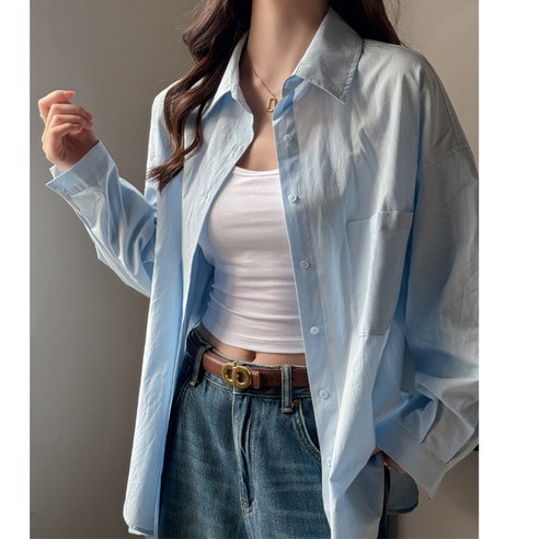 ANYOU 여름 데일리 기본 가디건 셔츠 여성 긴팔 루즈핏