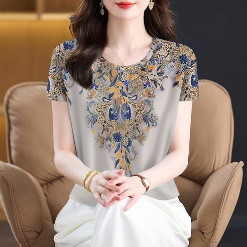 VVRR 여성 라운드 넥 플라워 프린트 반팔 티셔츠 중장년 상의 Z0042001