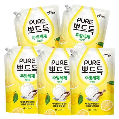 피죤 퓨어 뽀드득 주방세제 레몬향, 1.2L, 5개