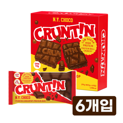 [본사공식몰] 크런틴 초코팝 단백질바 NY초코 당0g대, 6개, 48.5g