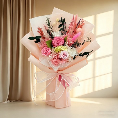 시연플라워 생화 프리저브드 꽃다발 ( 28cm X 38cm ) + 쇼핑백, 3 핑크