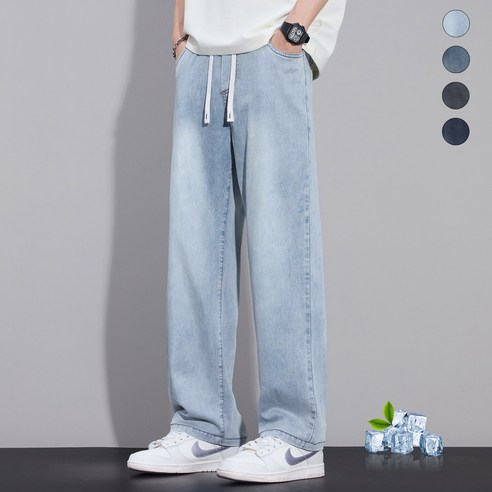 wassup 남자 밴딩청바지 여름용 얇은 텐셀데님팬츠 일자핏 밴딩청바지 일자핏 통바지