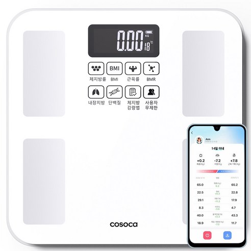 코소카 디지털 LCD 가정용 스마트 인바디 체지방 체중계, 1개, 화이트, FL5049-8