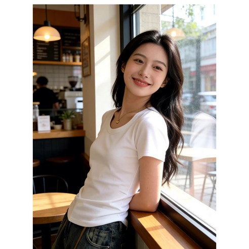 베이직한 여성용 통기성 라운드 슬림 반팔 티셔츠