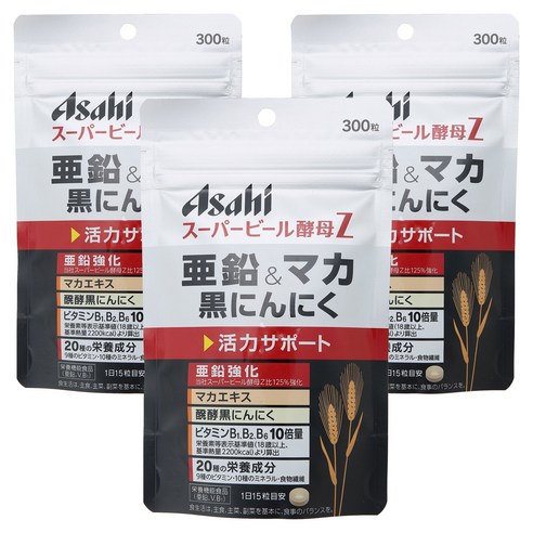 Asahi 슈퍼 맥주 효모 Z 아연 & 마카 흑마늘 타블렛, 300정, 3개