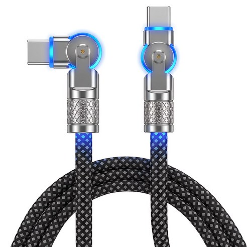 60W 180도 회전 라이트 C to C 고속 충전 패브릭 케이블, 1개, 블랙, 1m