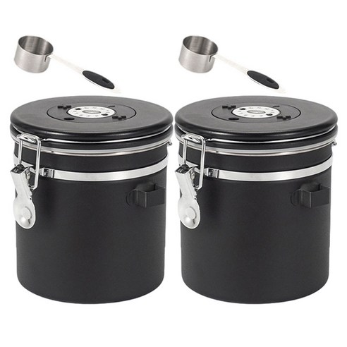 SHUNFA 304 스테인레스 스틸 커피 밀폐 용기 1.2L 스푼 포함, 2개, 매트 블랙