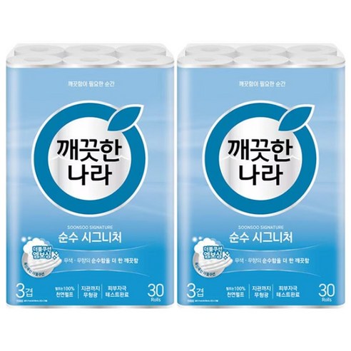 깨끗한나라 3겹 천연펄프 순수 시그니처 화장지, 28m, 30롤, 2개