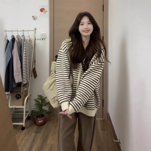 여성 빅사이즈 여성 스트라이프 루즈핏 니트 캐주얼 가디건
