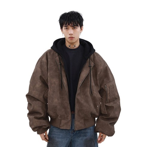 ANYOU 남성 봄 가죽 자켓 후드 집업 2in1 캐주얼 아우터