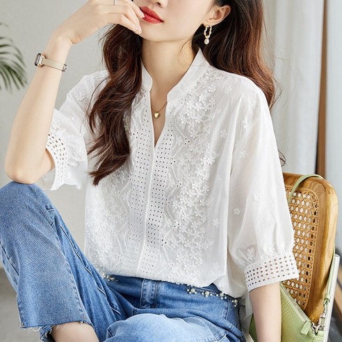 DUOMIHAN여성 자수 브이넥 7부 소매 블라우스 루즈핏WZS60301