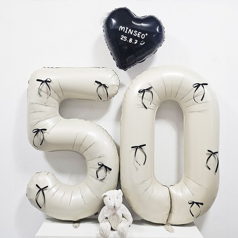 올리브파티 50일 셀프 촬영 하트 숫자 레터링 풍선 세트, 7 리본 베이지블랙, 1세트