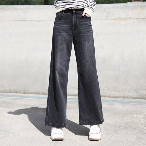 동대문스타일 워싱블랙 히든밴딩 스판 와이드 데님 팬츠 빈티지 블랙진