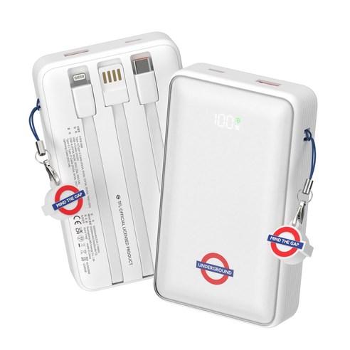 TfL 런던 언더그라운드 대용량 고속충전 20000mAh 멀티 단자 잔량표시 PD 45W 빌트인 케이블 반고체보조배터리