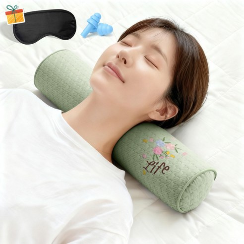 Norvee 인체공학 메밀 경추베개 3D 자수 디테일 높이조절 목지지 숙면 베개 거북목 완화, 그린, 1개
