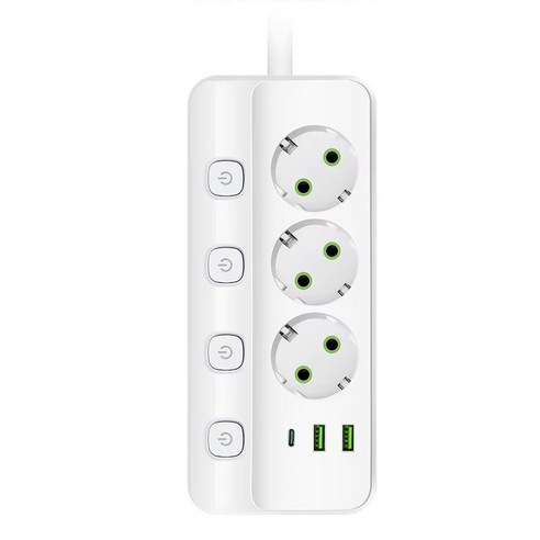 멀티탭 3구 개별 스위치 + USB 2포트 + TYPE-C 1포트 16A 2500W, 1개, 화이트, 1.9m