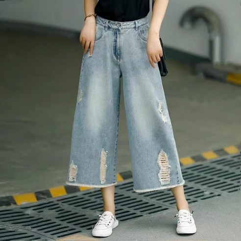 COSYEVNO 여성 디스트로이드 데님 팬츠 얇은 통기성 7부 와이드 팬츠