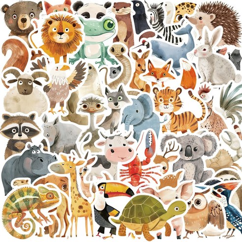 라온스티커 49매입 동물 일러스트 방수 스티커 세트, 1세트, 혼합(S2196)49P