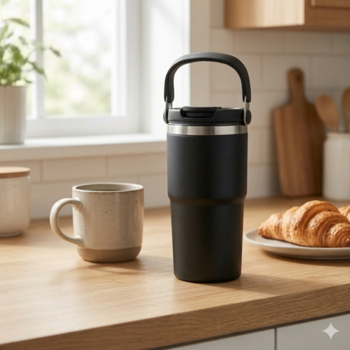 스텐 보온 보냉 휴대용 빨대텀블러, 1개, 600ml, 블랙
