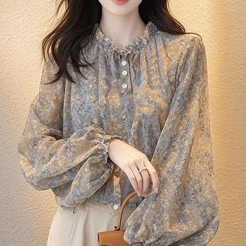 COSYEVNO 여성 남방 가을 라운드 쉬폰 퍼프소매 플라워 빅사이즈 심플 루즈핏 캐주얼 긴팔 미디 상의 CXJcs-08